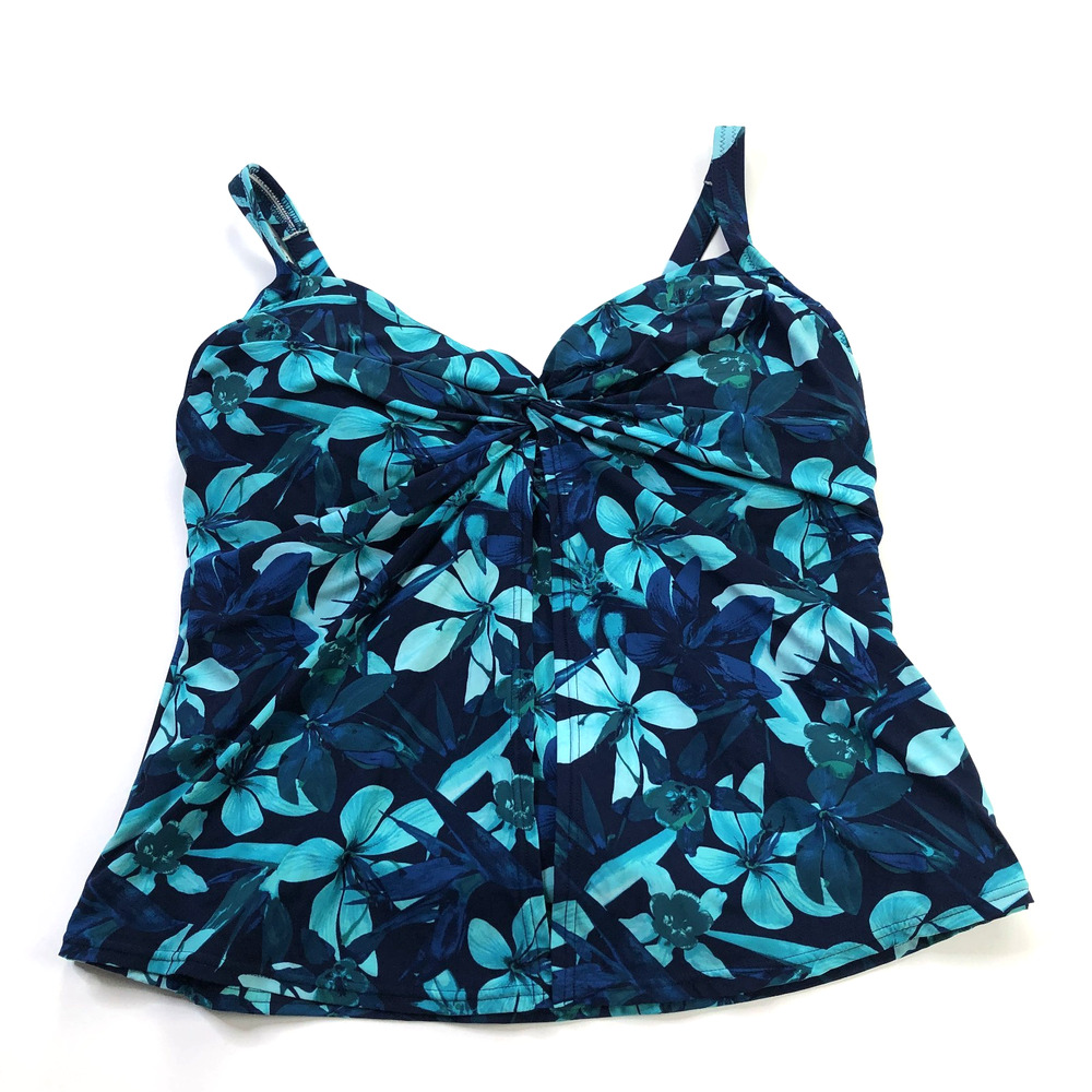 Lands End Plus 16W Ruched Shelf Bra Tankini Top Swim Underwire Blue Floral